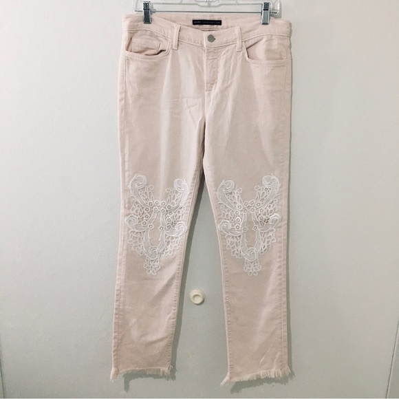 J Brand Christopher Kane Pink Lace Embellished Frayed Hem Jeans Straight Leg 30 - Picture 3 of 11